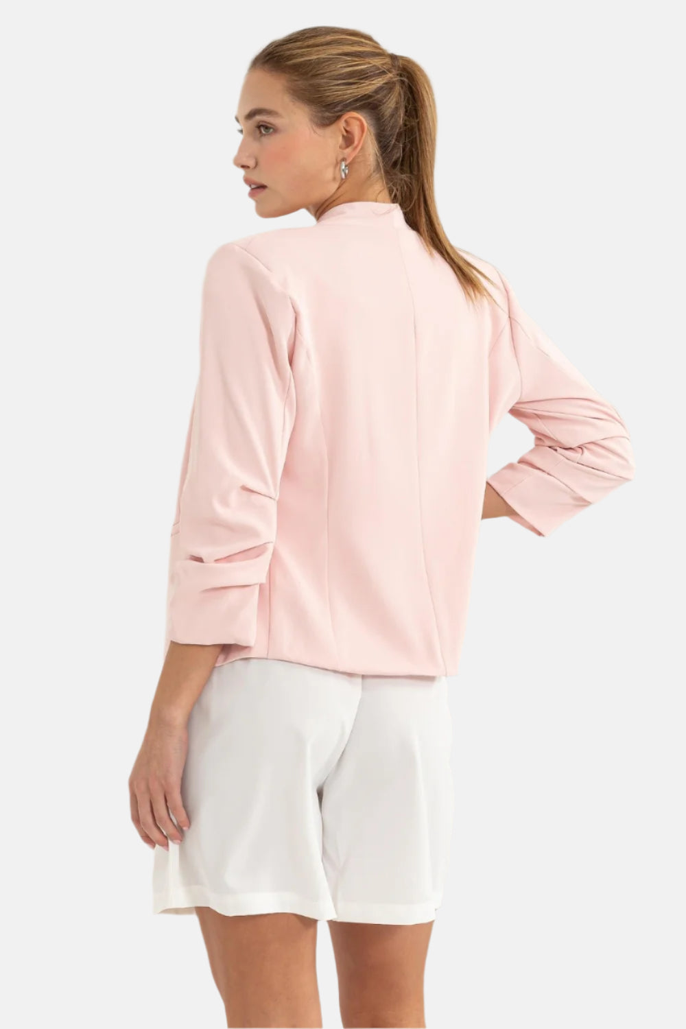 Blush Pink Open Front Ruched Sleeve Blazer