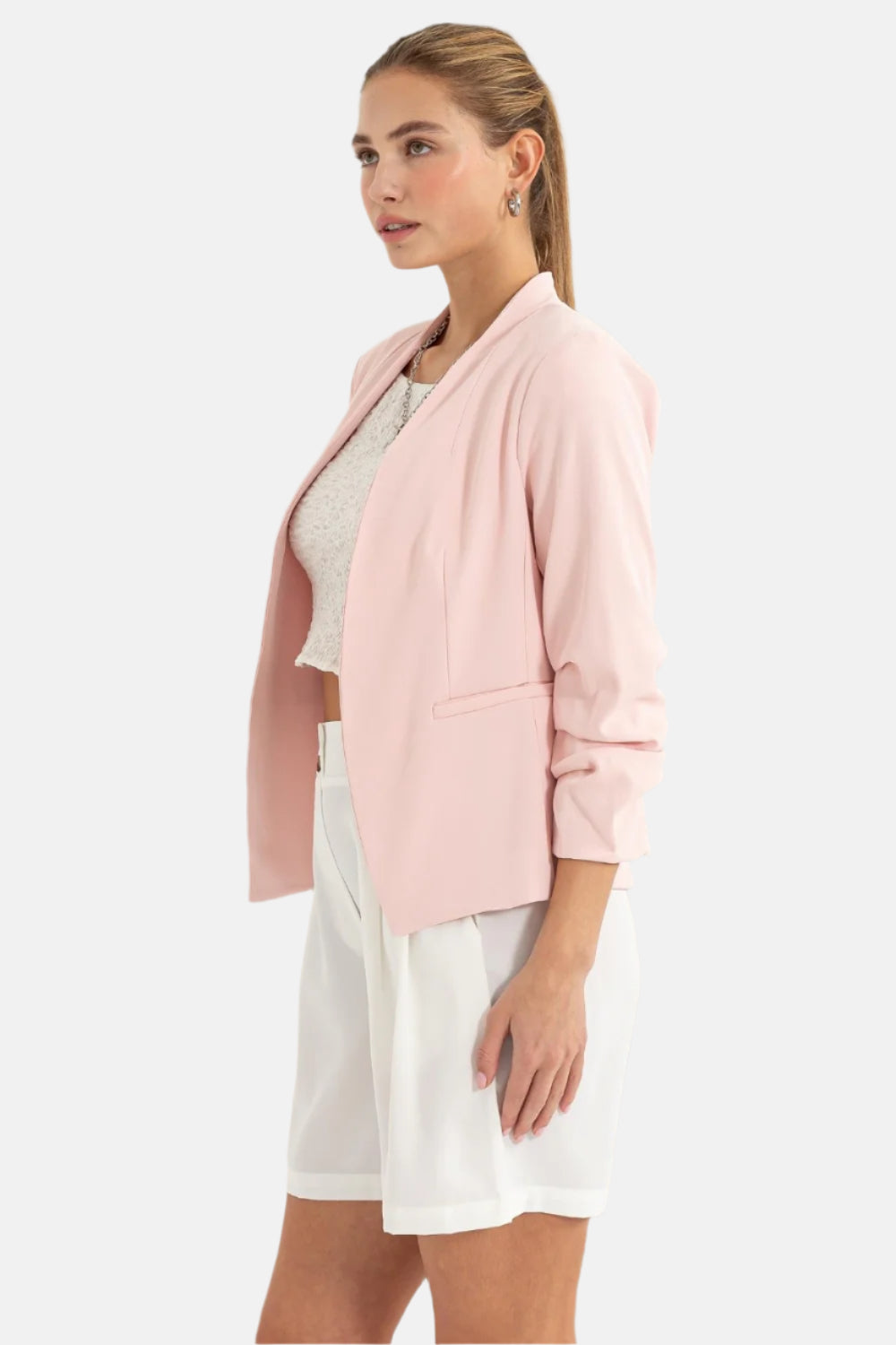 Blush Pink Open Front Ruched Sleeve Blazer