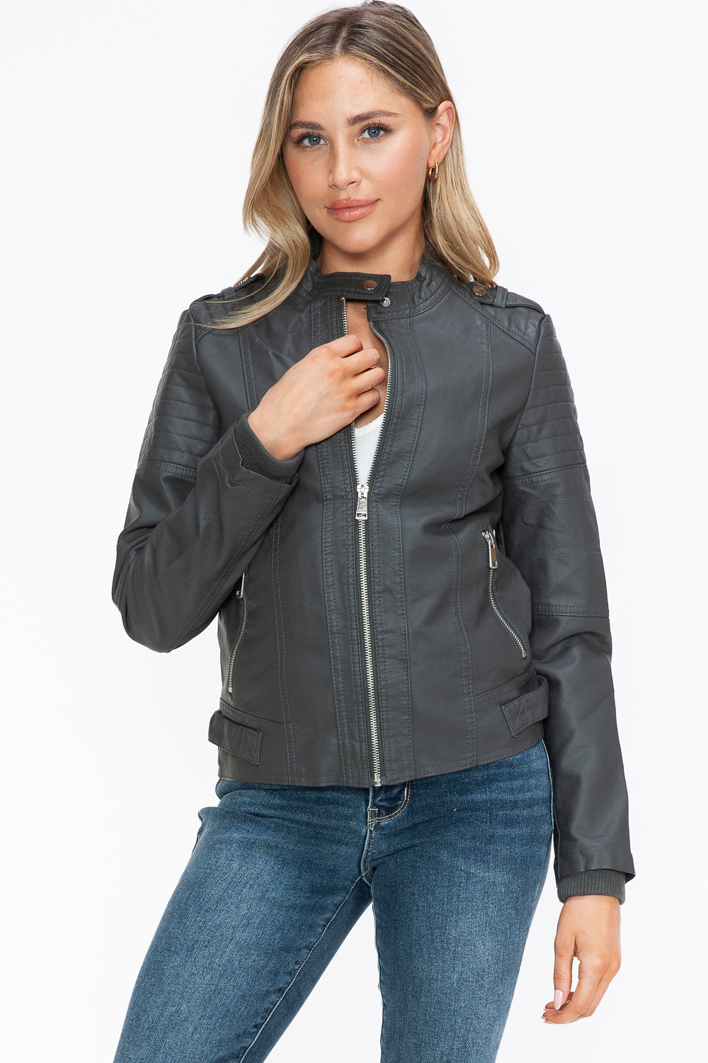 Biker Jacket with Side Zip Pockets Charcoal