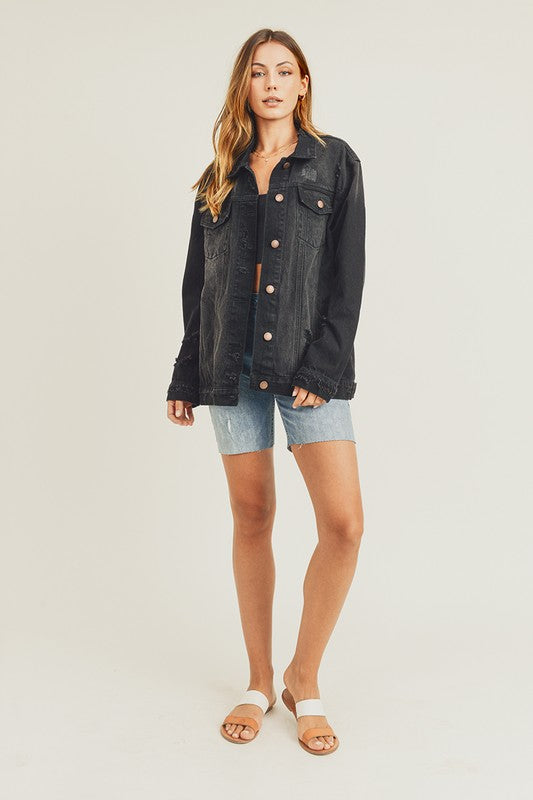 Black Distressed Long Sleeve Denim Jacket