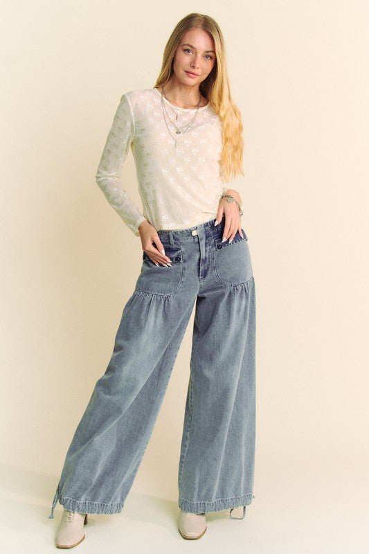 Bow Mesh Long Sleeve Top Cream