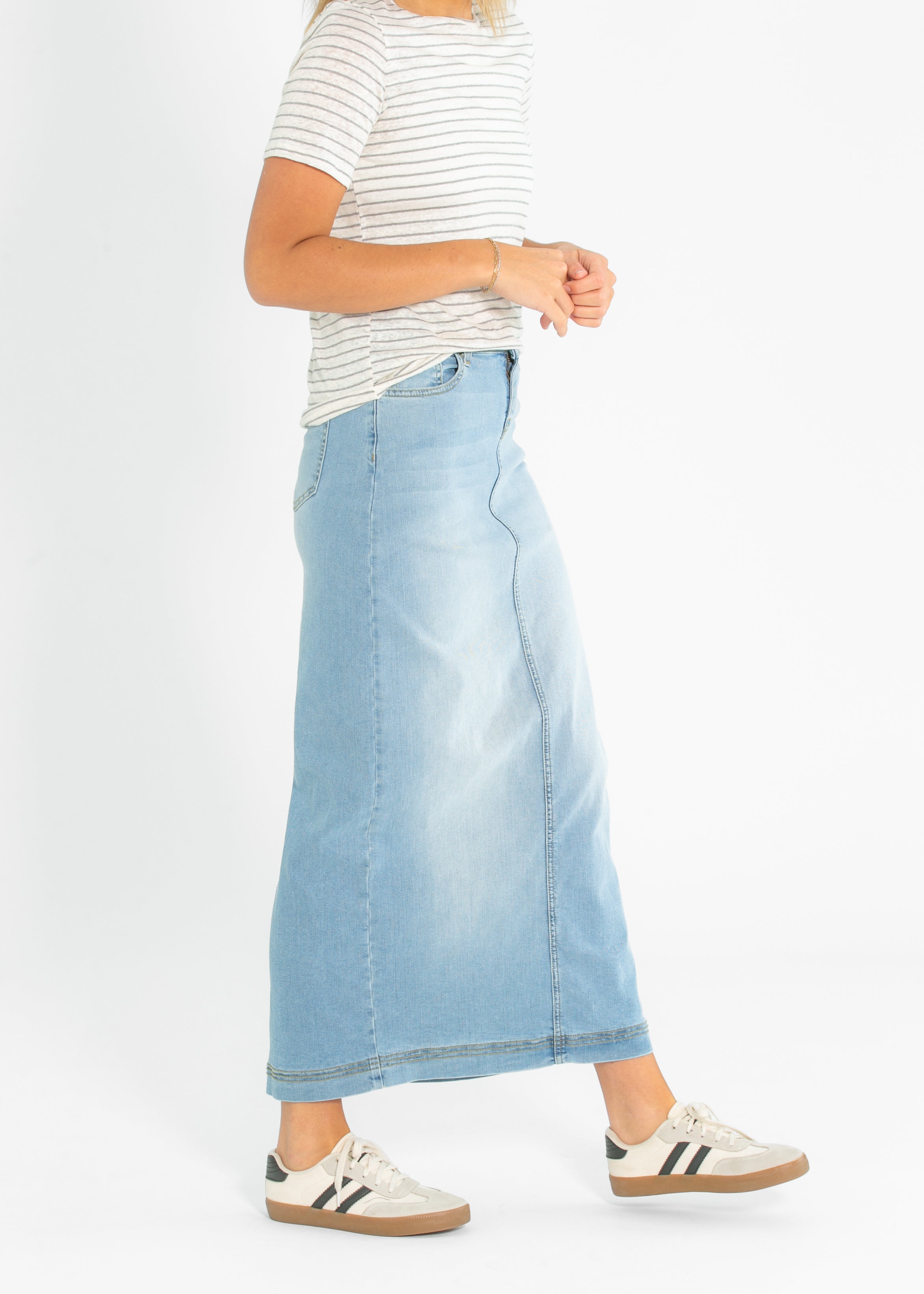 Bria Light Wash Denim Maxi Skirt