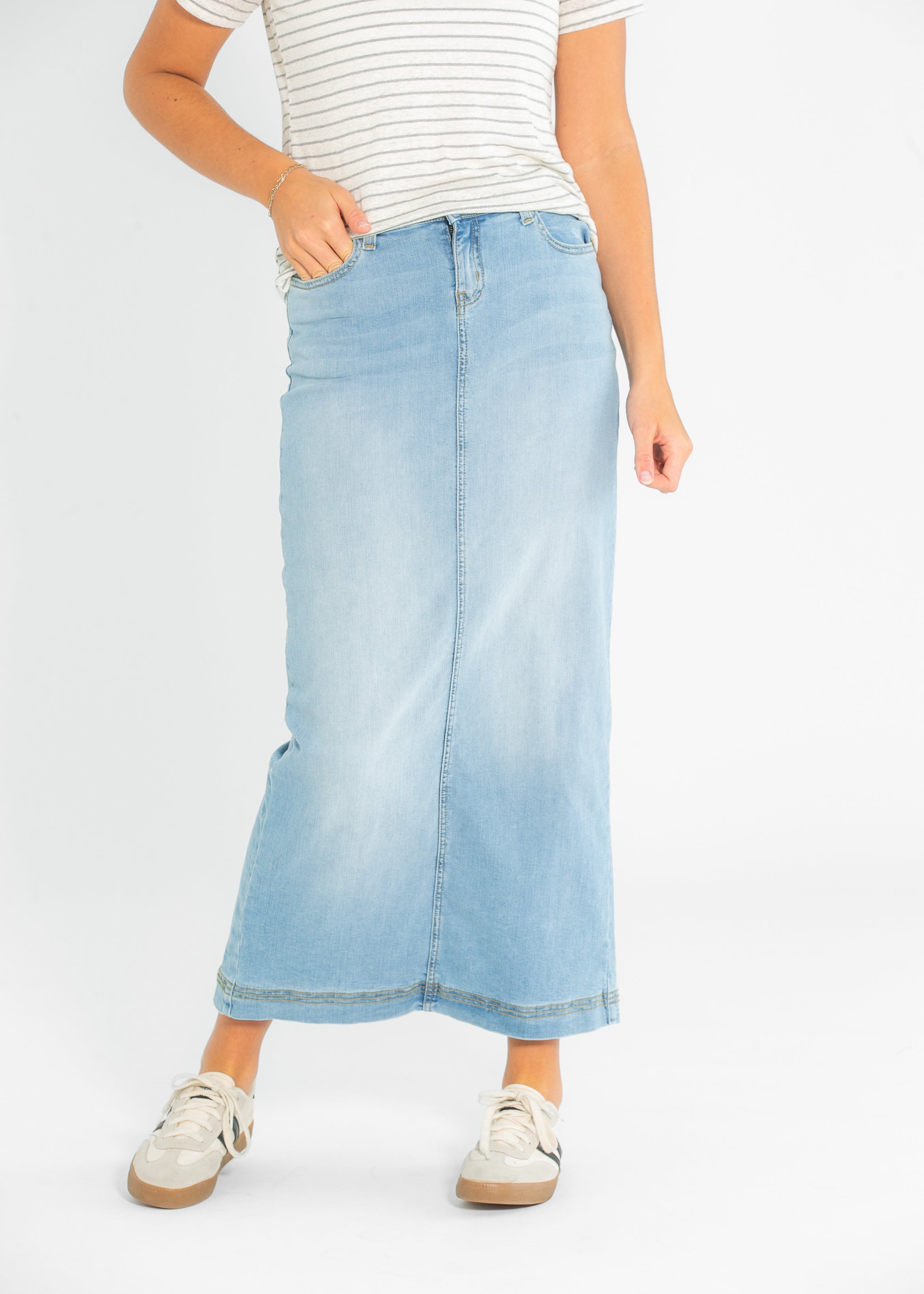 Bria Light Wash Denim Maxi Skirt