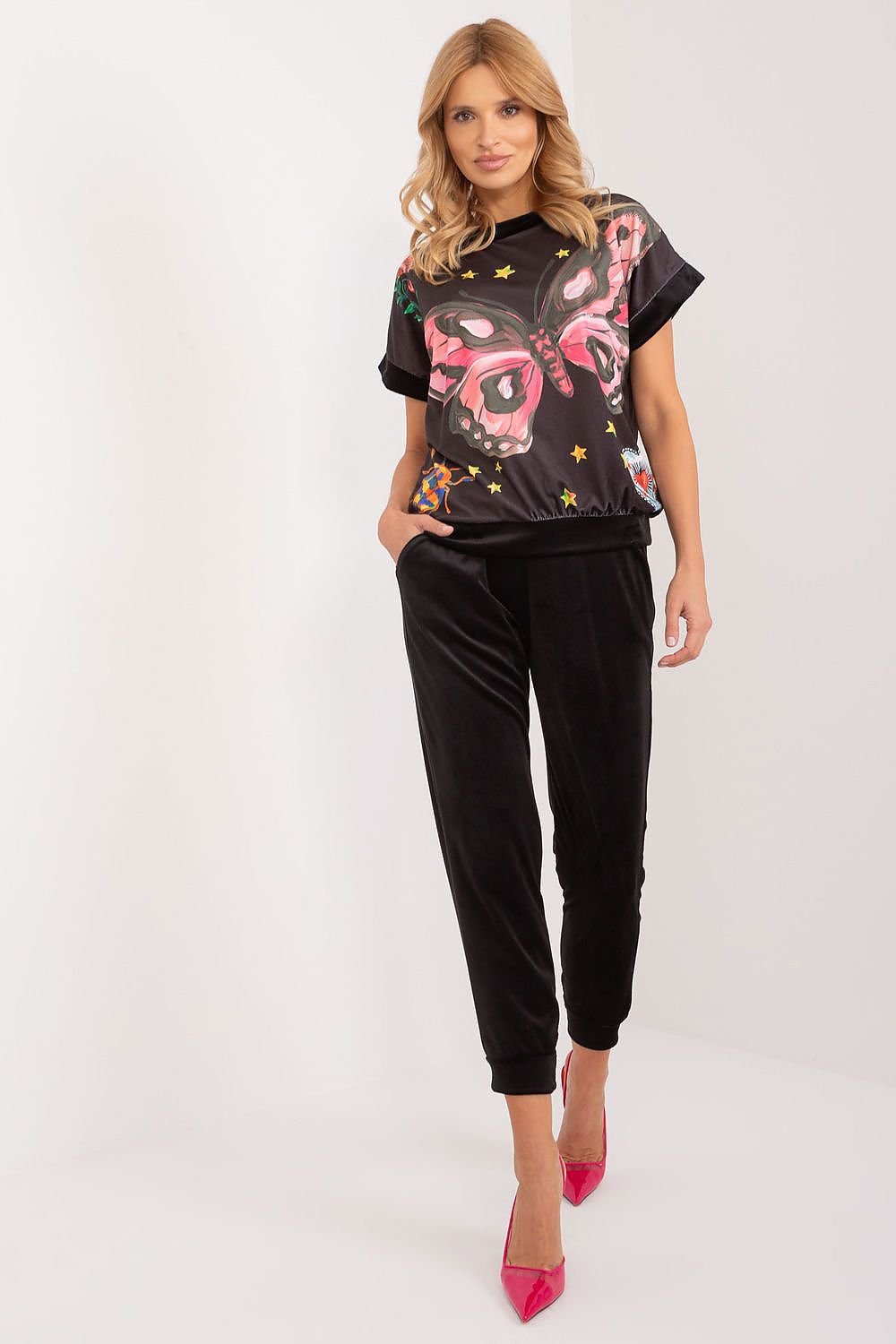 Butterfly Black Velour Top & Pants Set