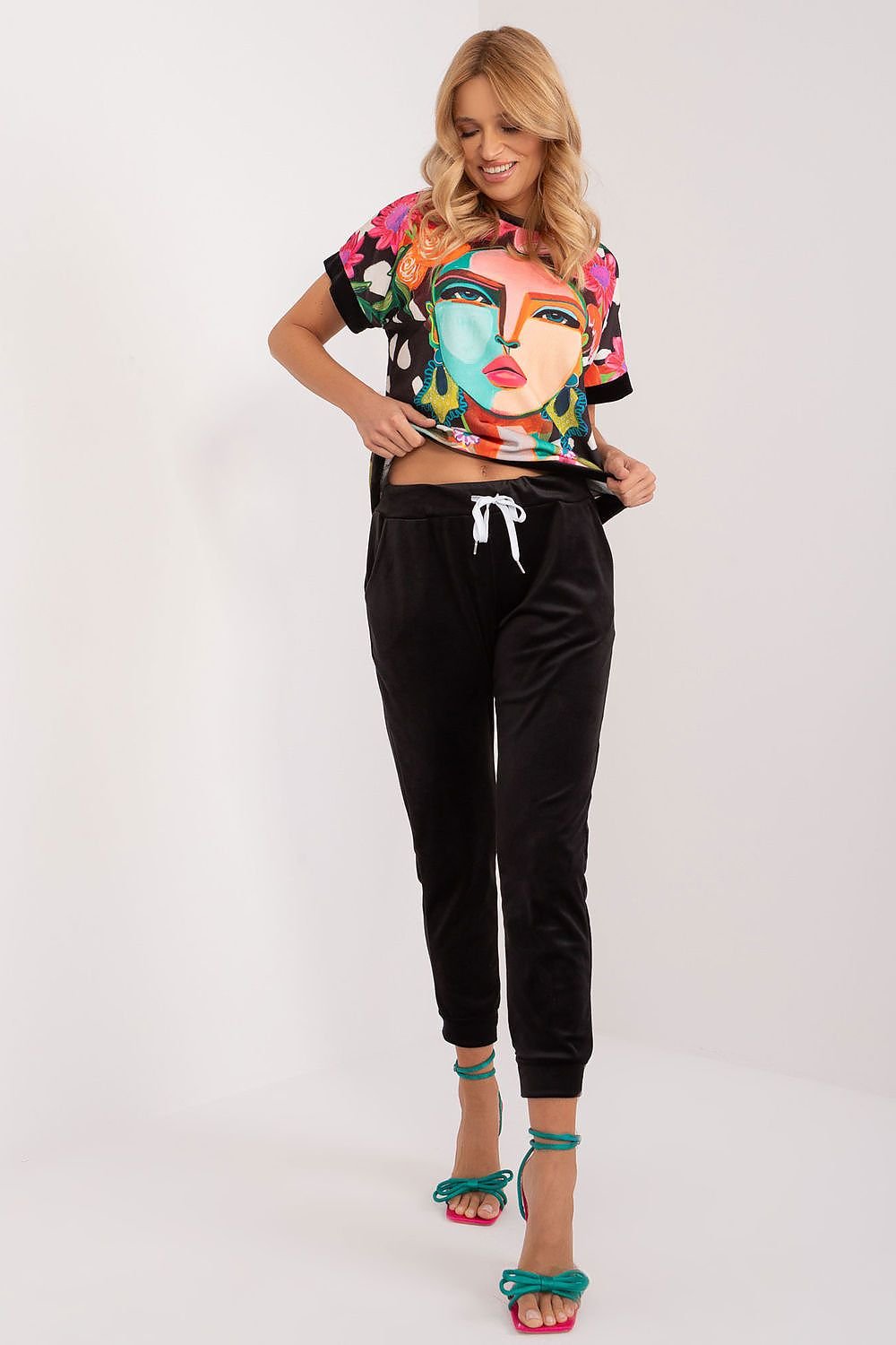 Abstract Print Velour Top & Pants Set Black