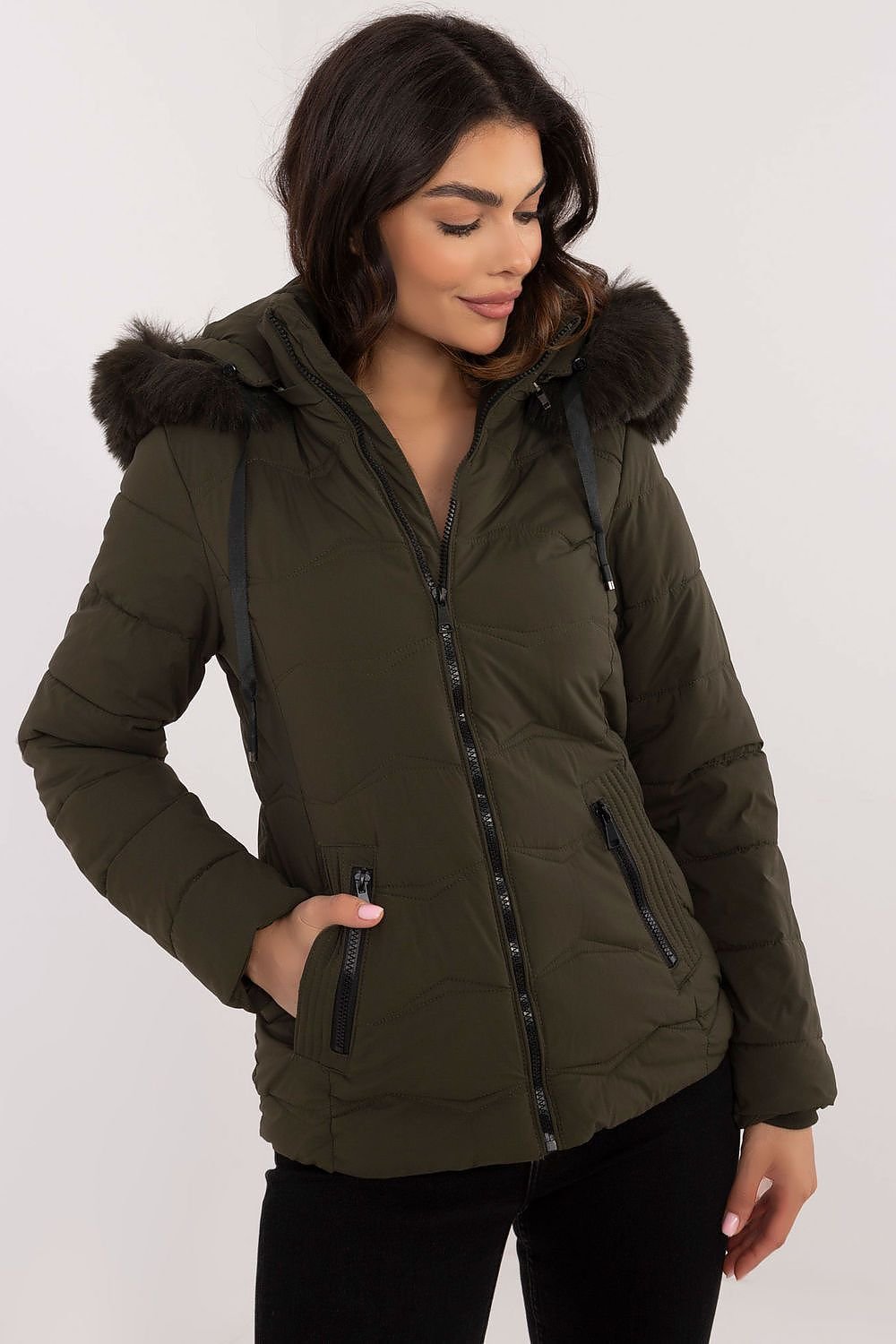 Short Warm Hooded Jacket in Dusty Green