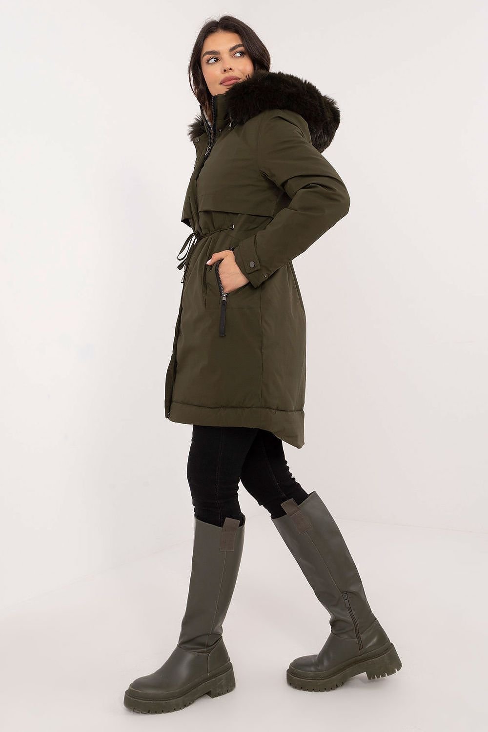 Winter Trench Down Jacket with Fur Hood Dusty Green