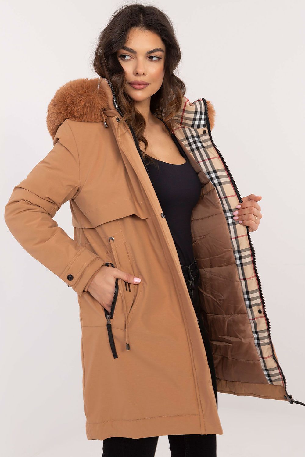 Winter Trench Down Jacket with Fur Hood Ginger