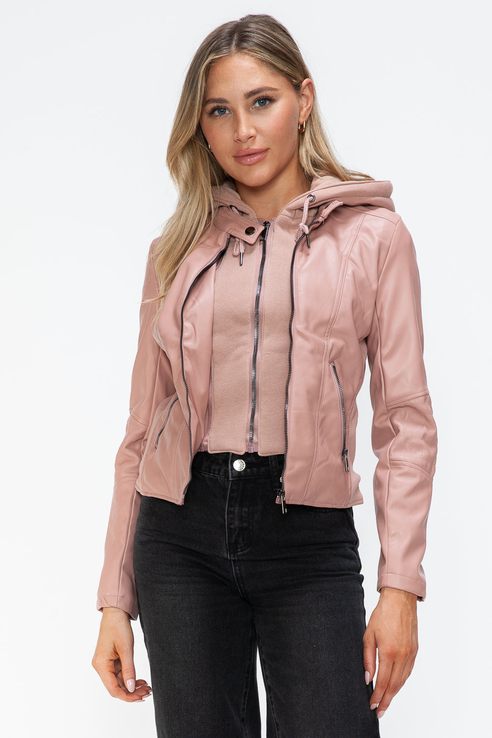 Mauve Leather Zip-Up Drawstring Hooded Jacket