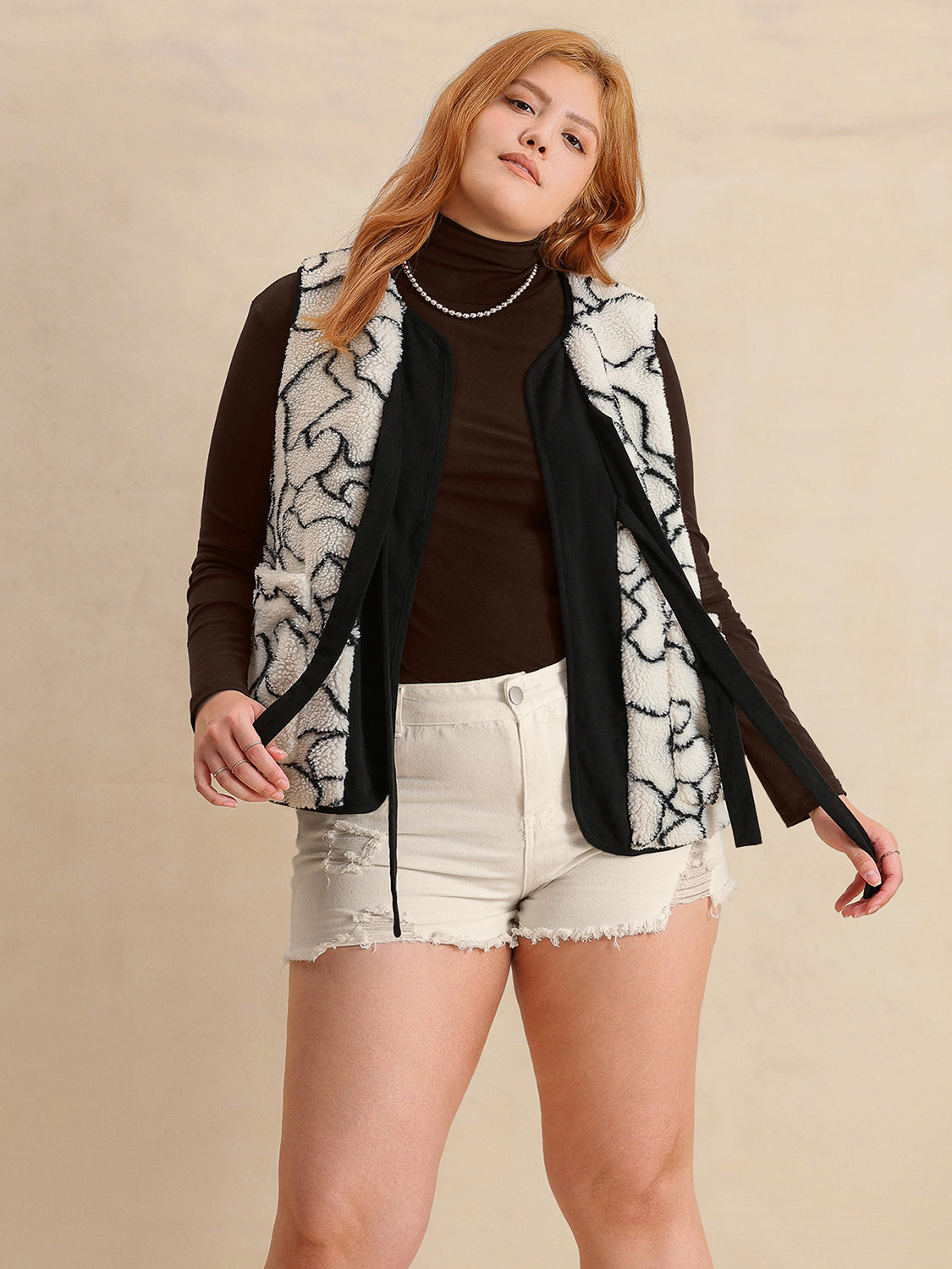 Tied Sherpa Vest Coat with Pockets (Size +)
