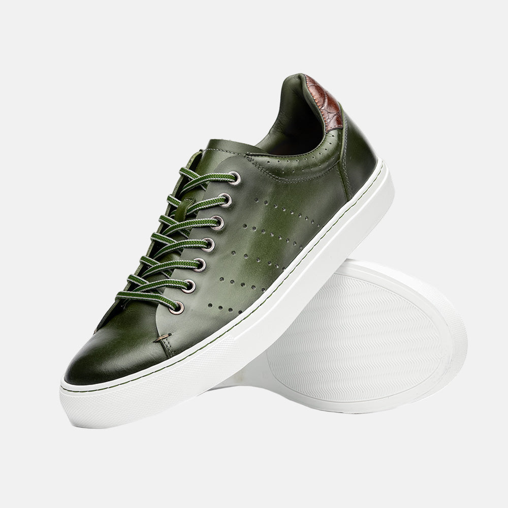 Russo Burnished Italian Calfskin Sneaker | Olive
