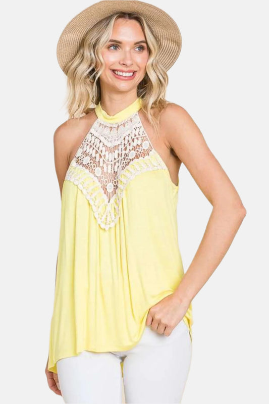 Lace Panel Sleeveless Round Neck Top