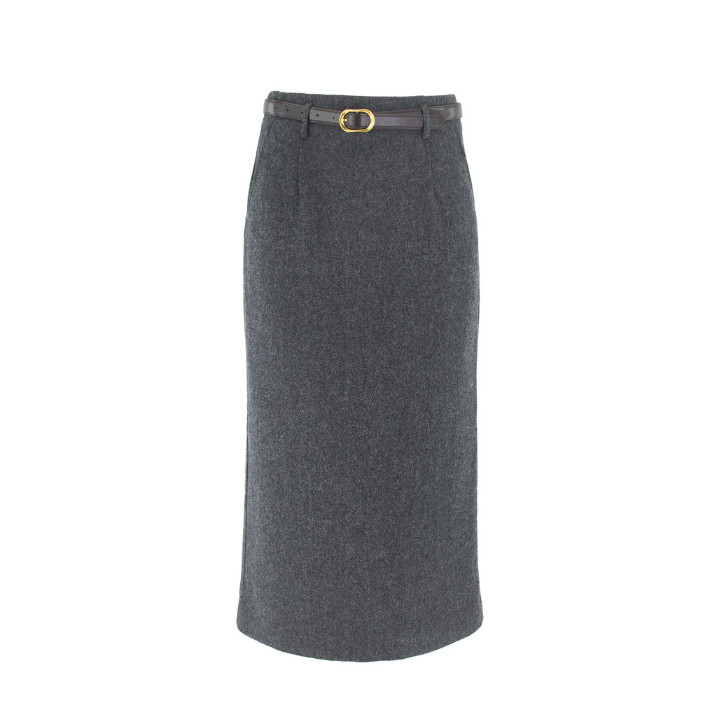 Straight Wool Skirt with Belt