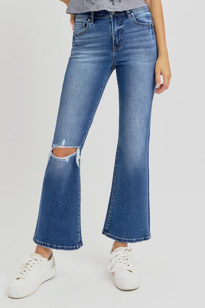 Distressed High Rise Crop Flare Jeans