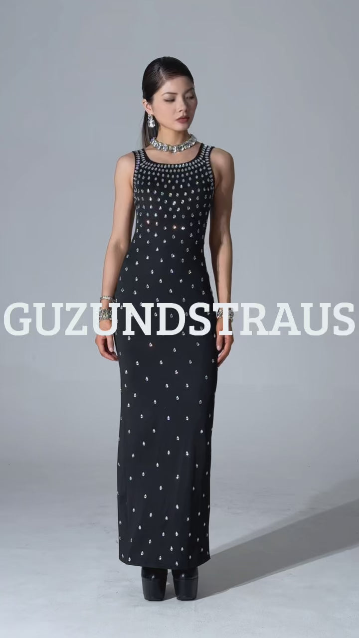 Zaka Black Embellished Crystal Maxi Dress