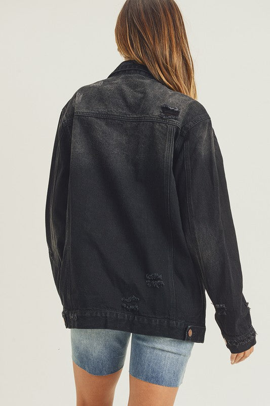 Black Distressed Long Sleeve Denim Jacket