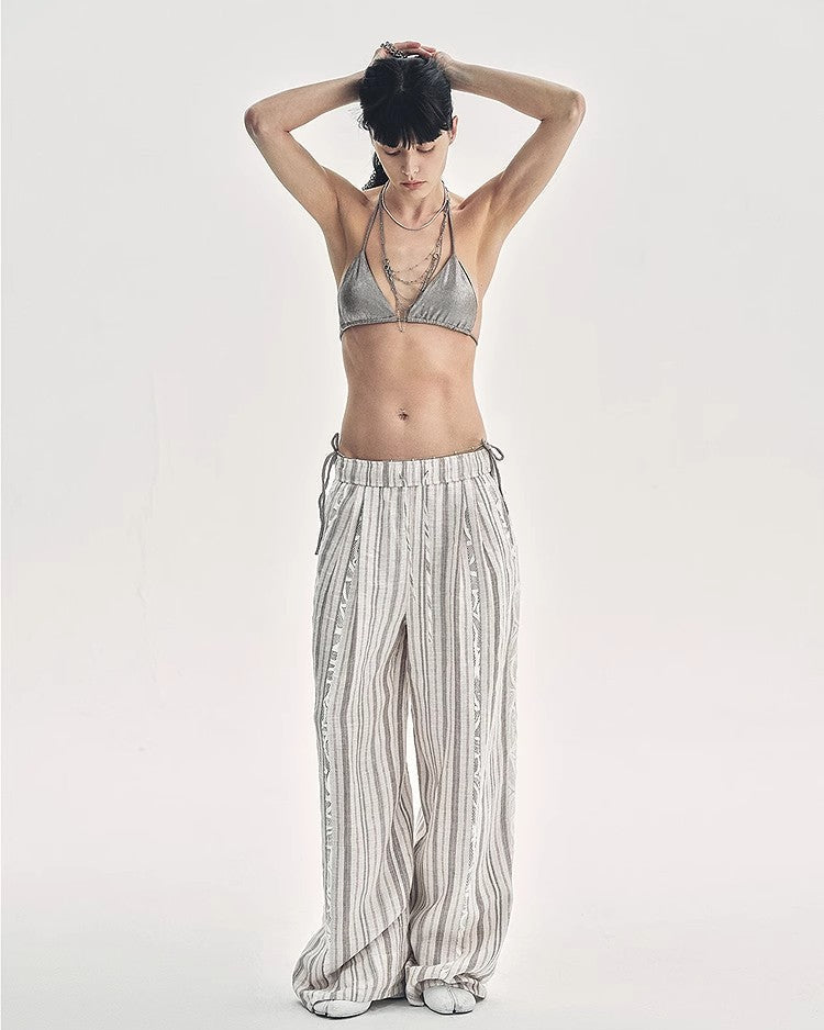 Linen Vertical Stripe Drape Wide Leg Casual Pants ‘Fashion Tension’