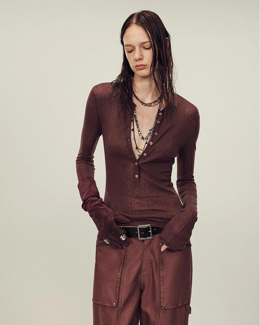 Ultrafine Wool Blend Versatile V-Neck Cardigan "Warm Brown Quiet Autumn"