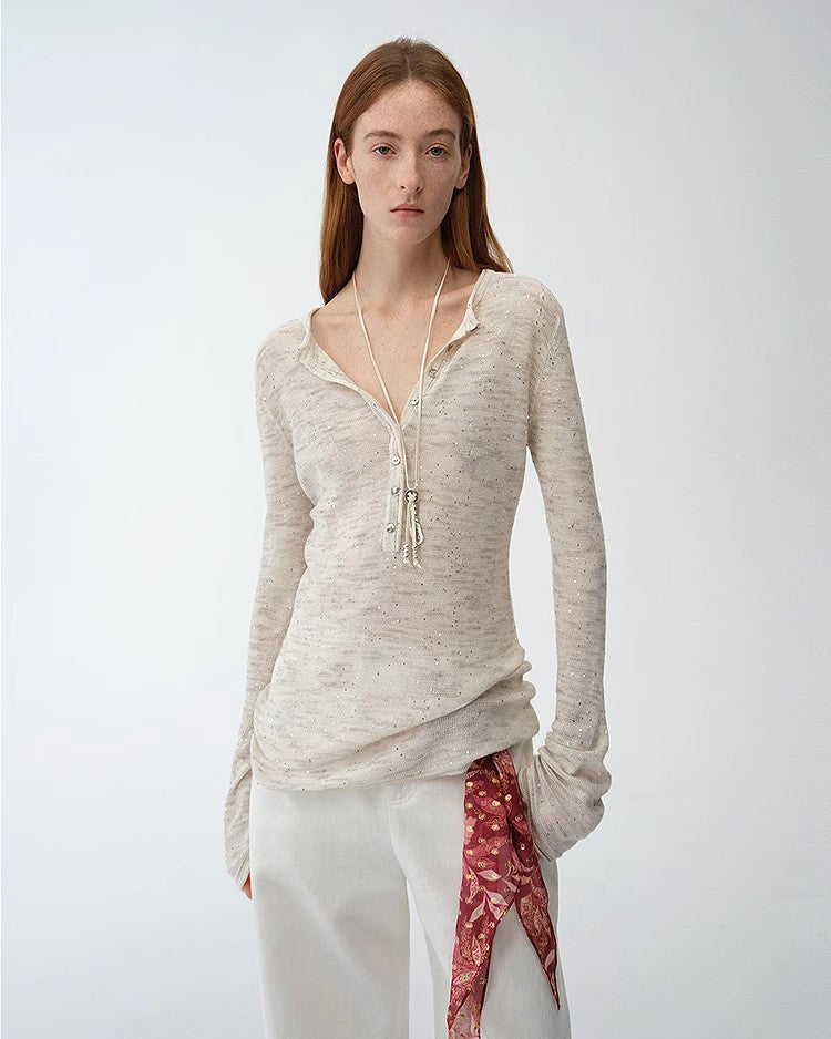 Cotton and Linen Beaded Yarn Waisted Bell Sleeve Cardigan ‘Perry Moonlight’