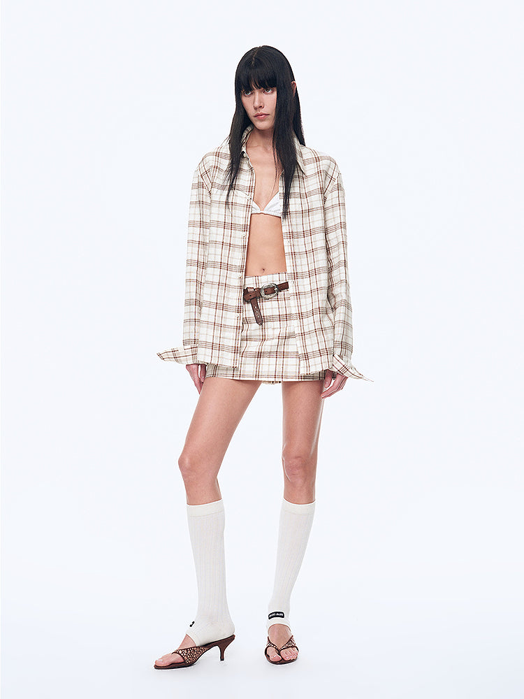 Vintage Linen Shirt & Mini Skirt Two-Piece Spring 'Plaid Sketch'