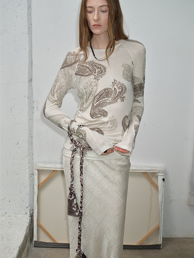 Tencel Wool Original Cashew Print Round Neck Long Sleeve Top and Skirt Set ‘Vintage Gene’