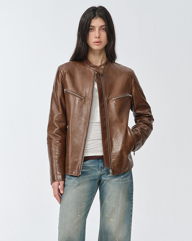 Waxed Sheepskin/Cowhide Vintage Motorcycle Leather Jacket 'Manhattan Dark Night'