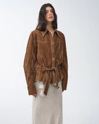 ‘Haruno Dream’ Retro Distressed Flocked Low Waist Long Sleeve Shirt Jacket