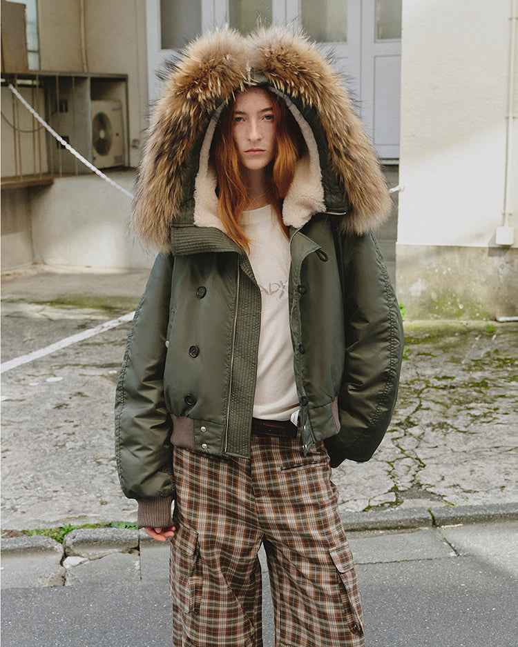 Fireladyfur Warm Short Jacket with a Large Fur Hood and Raccoon Fur 'Cool and Sharp'