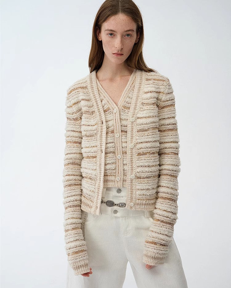 ‘Nice Weekend’ Striped Mixed Woven Knit Cardigan/Vest