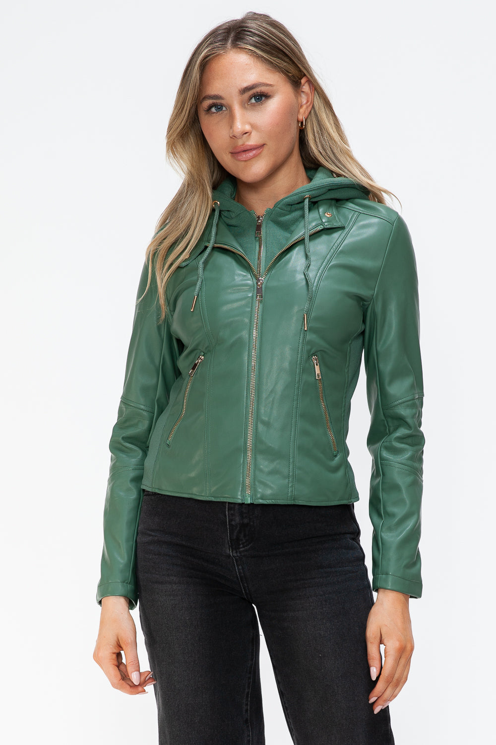 Sage Leather Zip-Up Drawstring Hooded Jacket