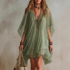 V-Neck Chiffon Batwing Sleeve Boho Resort Dress