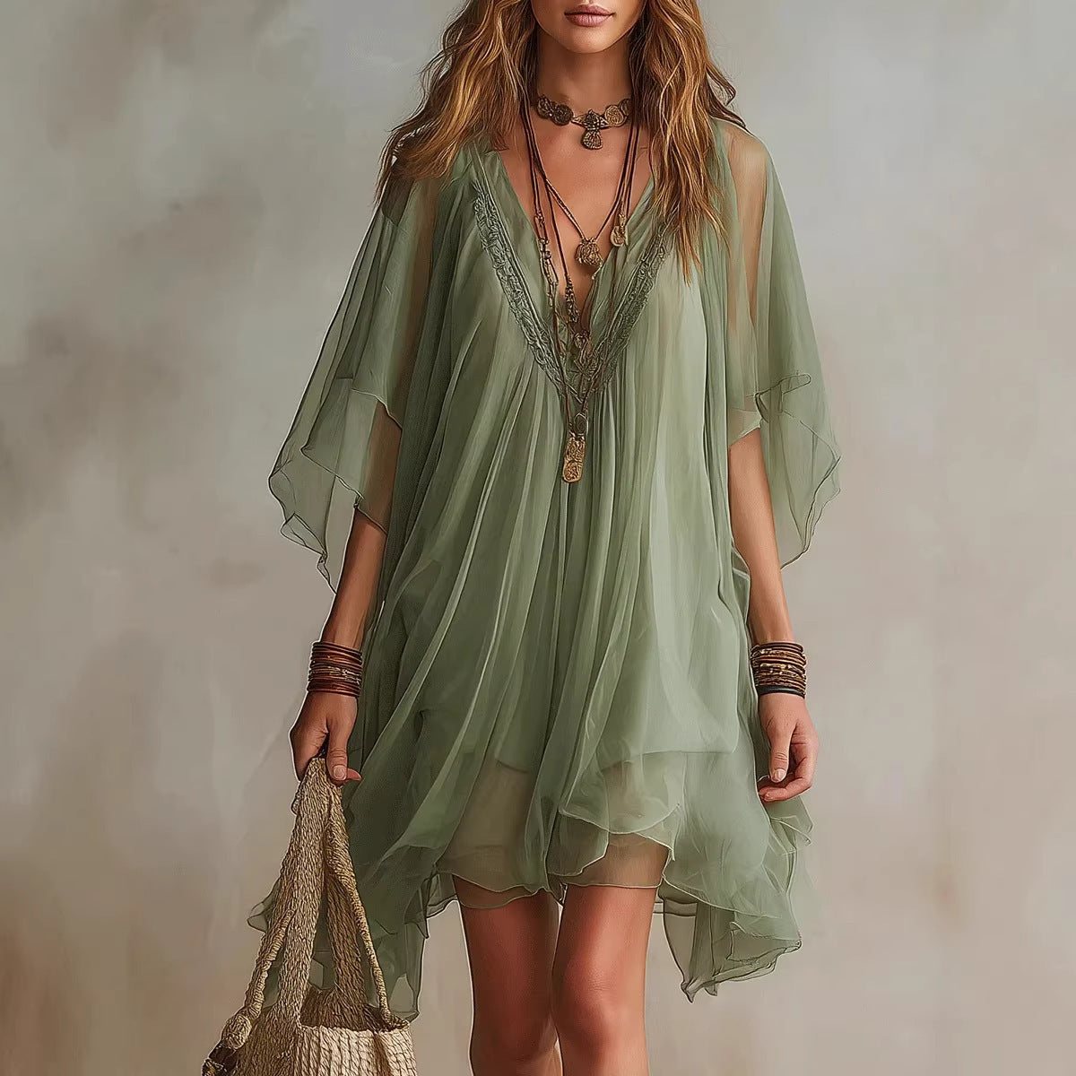 V-Neck Chiffon Batwing Sleeve Boho Resort Dress