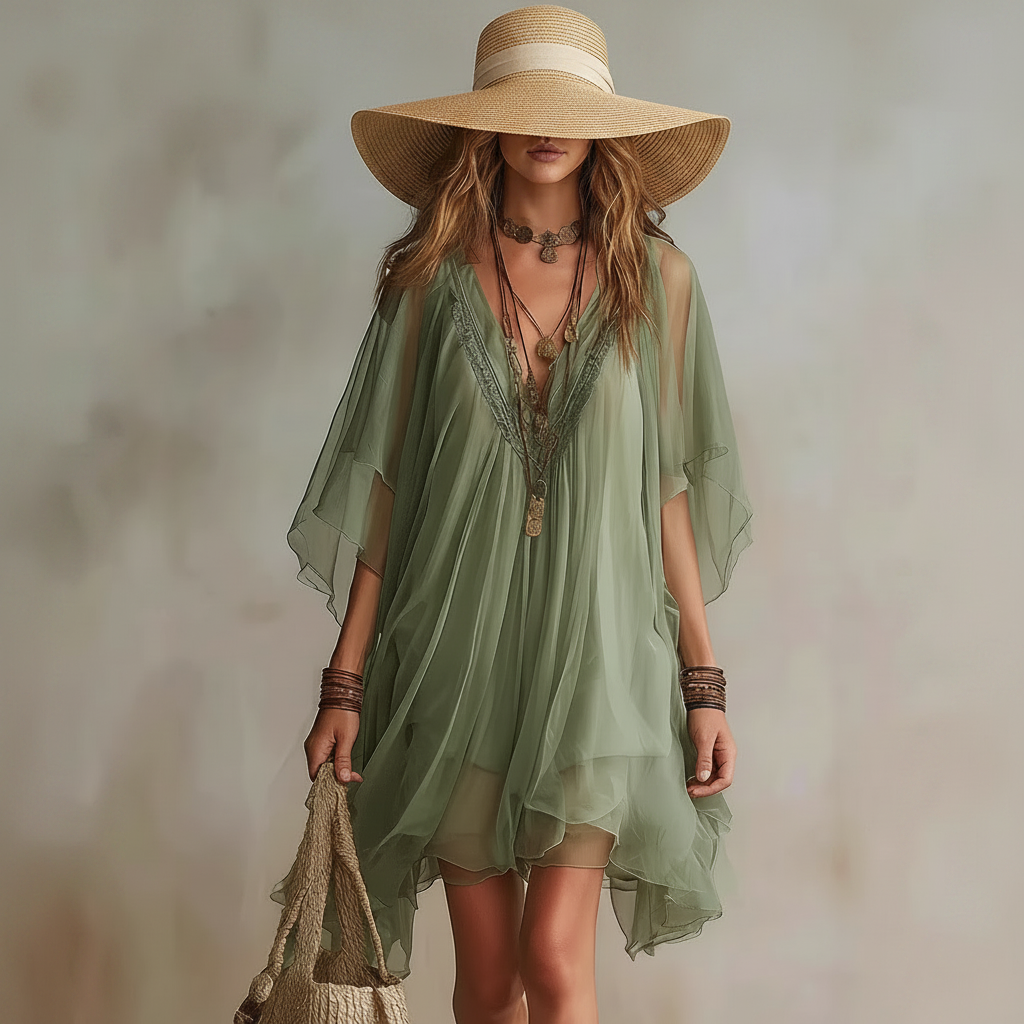 V-Neck Chiffon Batwing Sleeve Boho Resort Dress