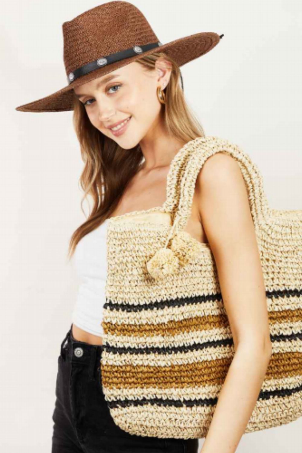 Ivory Striped Straw Braided Tote Bag