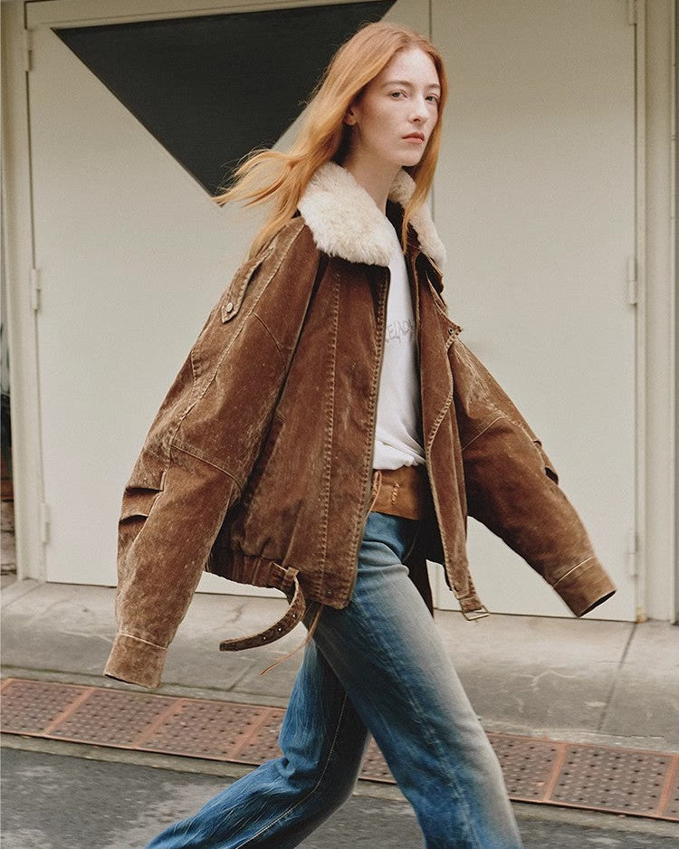 Flocked Denim Goose Down Parka with Detachable Fox Fur Collar ‘City Travel’