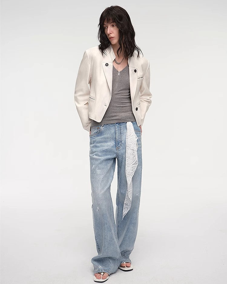 Stand Collar Short Jacket in Sheepskin Leather ‘Roman Story’