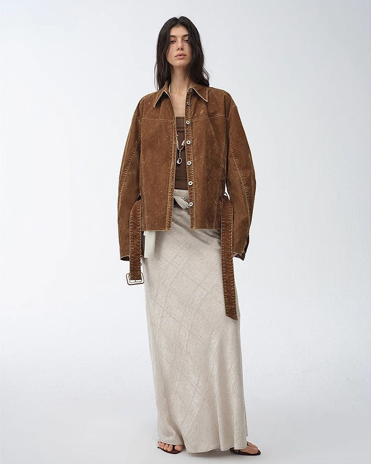 ‘Haruno Dream’ Retro Distressed Flocked Low Waist Long Sleeve Shirt Jacket