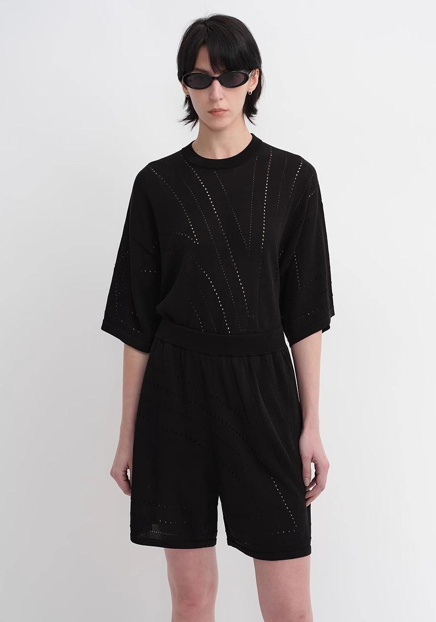 Customized Acetate Cotton Geometric Lines Knitted Suit | Black
