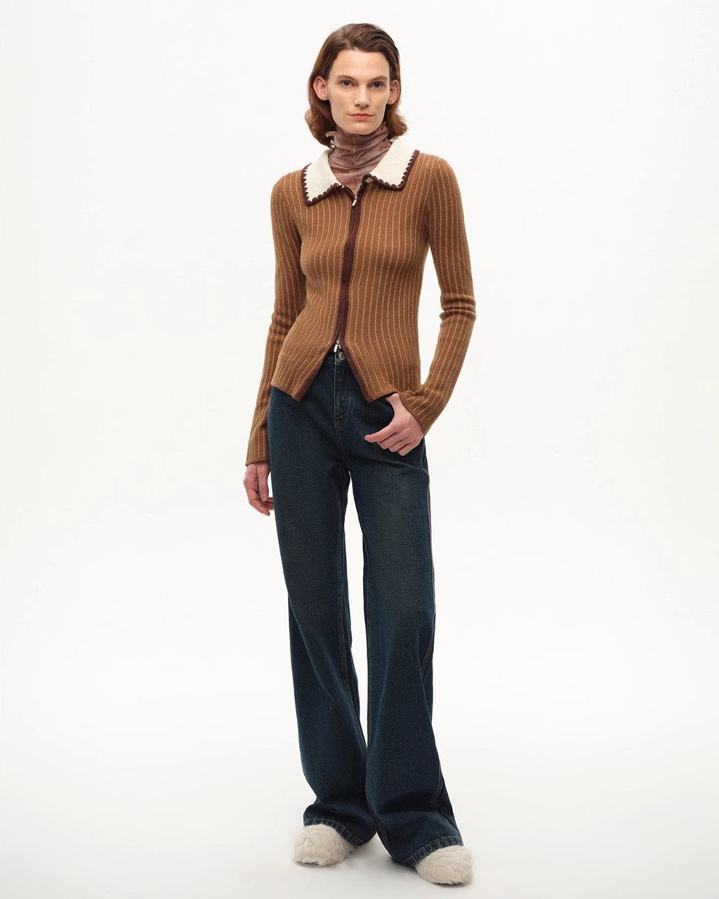 FF×JW Joint Striped Fabric Slim-Fitting Crocheted Lapel Wool Knitted Cardigan