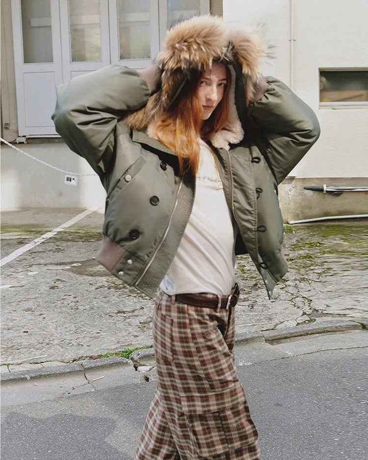 Fireladyfur Warm Short Jacket with a Large Fur Hood and Raccoon Fur 'Cool and Sharp'