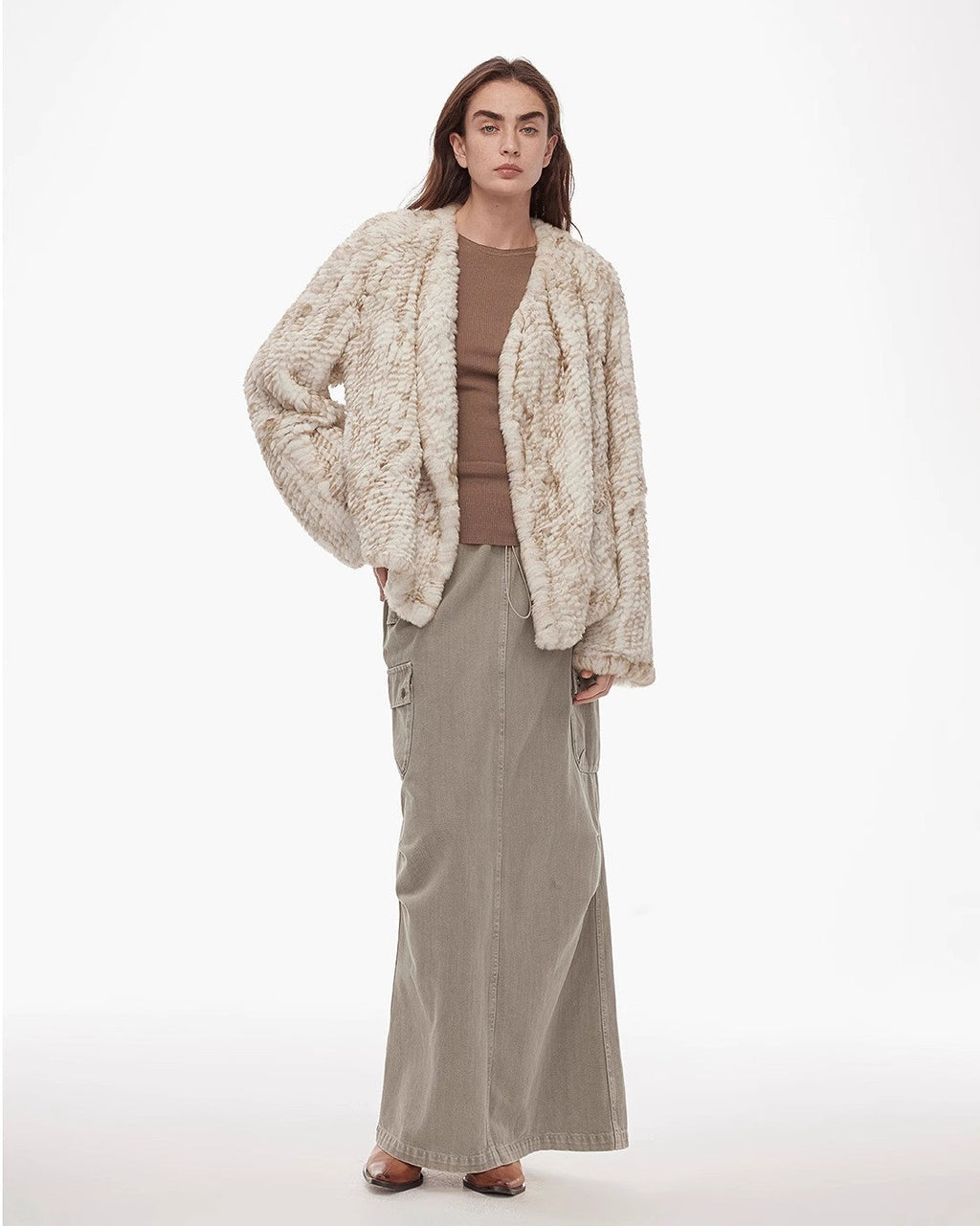 ‘Inspiration Glimpse’ Lapel Double-Breasted Loose Woven Rex Rabbit Fur Coat