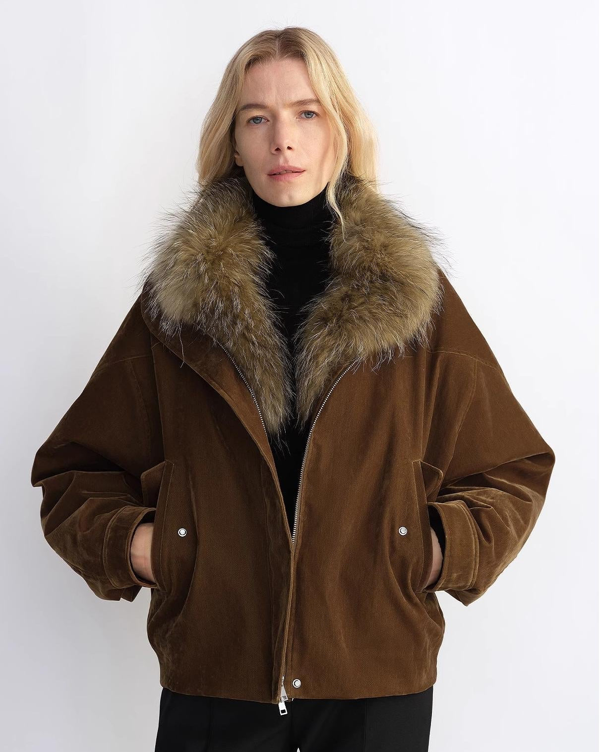 Fireladyfur Women's Loose Parka with Detachable Raccoon Fur Collar