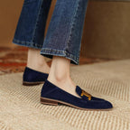 Women's Retro Metal Buckle Suede Loafers | Platform Chunky Heel Slip-On