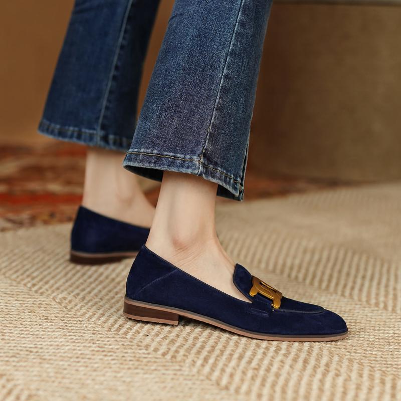 Women's Retro Metal Buckle Suede Loafers | Platform Chunky Heel Slip-On