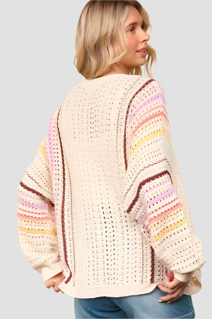 Striped Crochet Open Front Cardigan