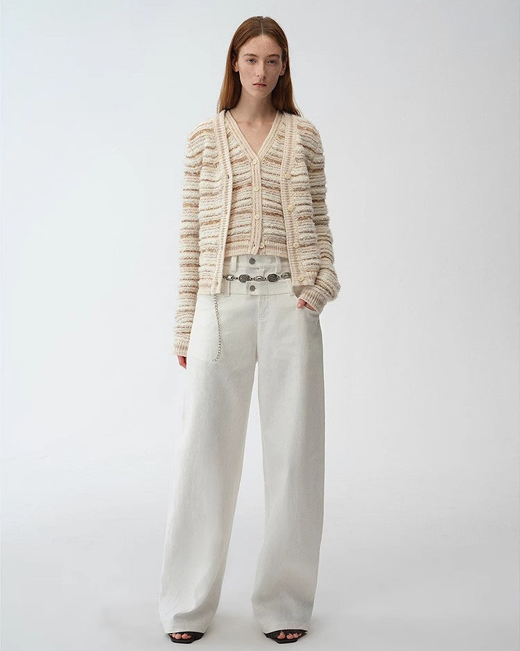‘Nice Weekend’ Striped Mixed Woven Knit Cardigan/Vest