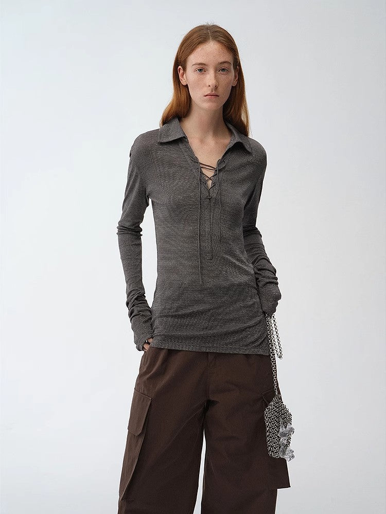 Light Silver Silk Slightly Transparent Knit Top ‘Eiffel’