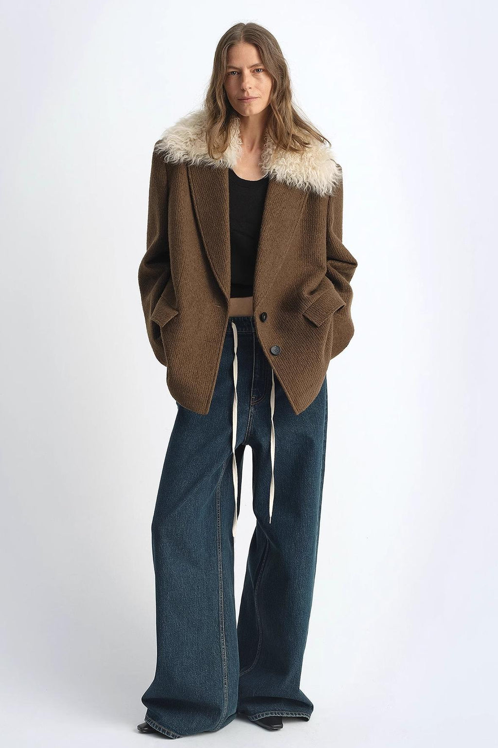 Fireladyfur Wool Tweed Coat with Detachable Fur Collar 'Vertical Texture'