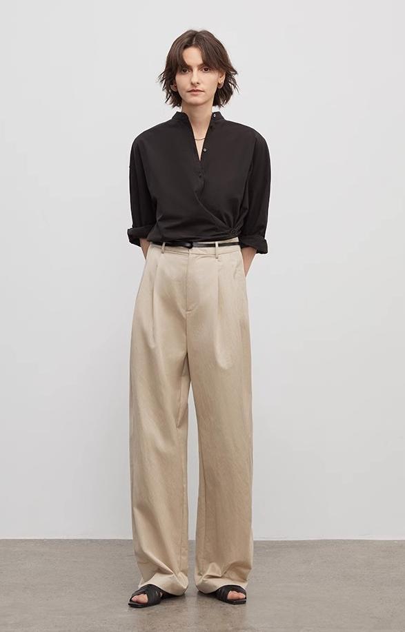 Spliced Double-Pleat Wide Leg Straight Trousers
