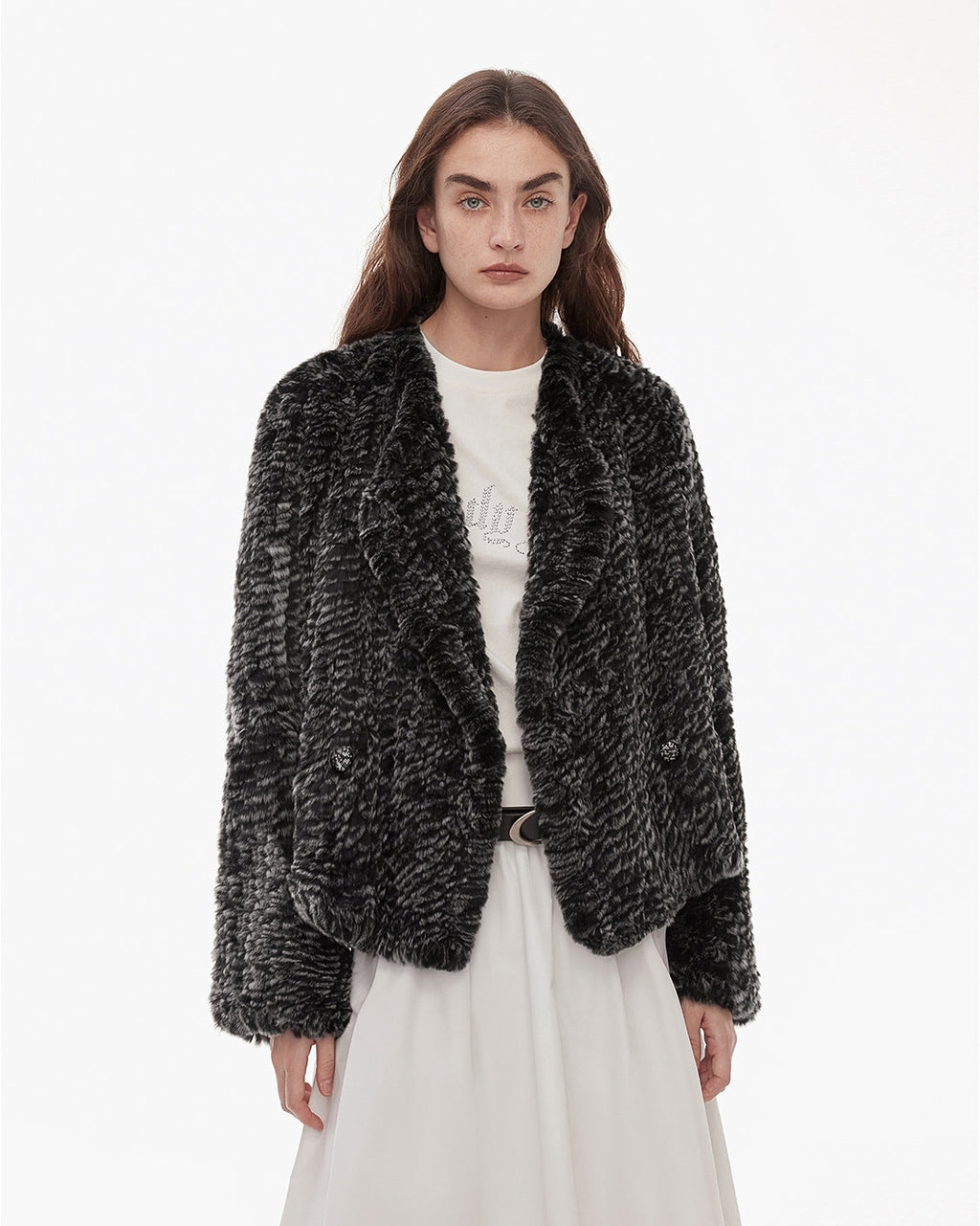 ‘Inspiration Glimpse’ Lapel Double-Breasted Loose Woven Rex Rabbit Fur Coat
